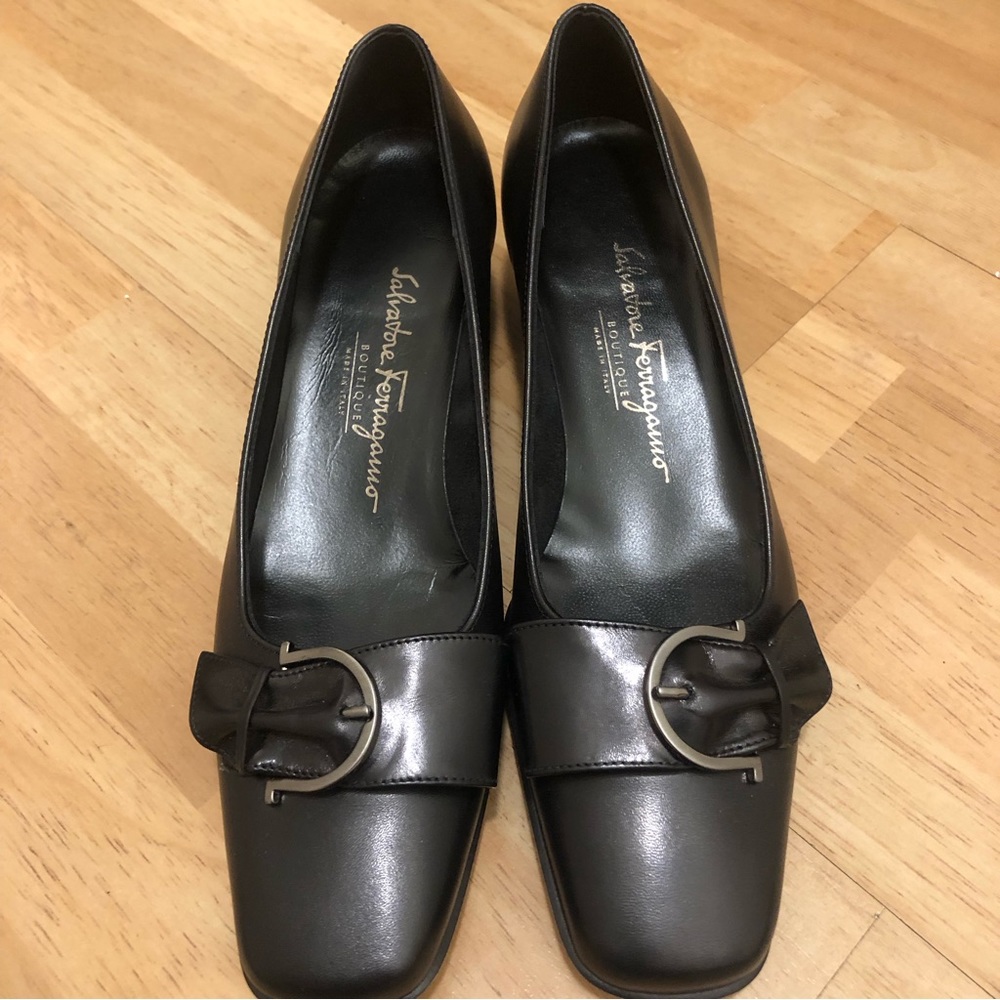 Salvatore Ferragamo square toe black leather block heels